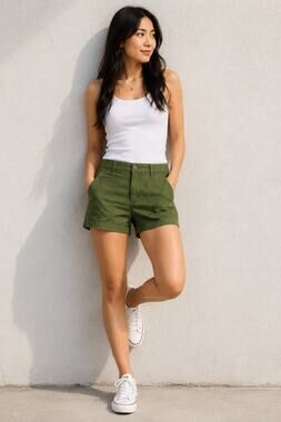 LR4301 Olive Green Utility Cargo Shorts Medium Cotton Casual Summer Pockets
